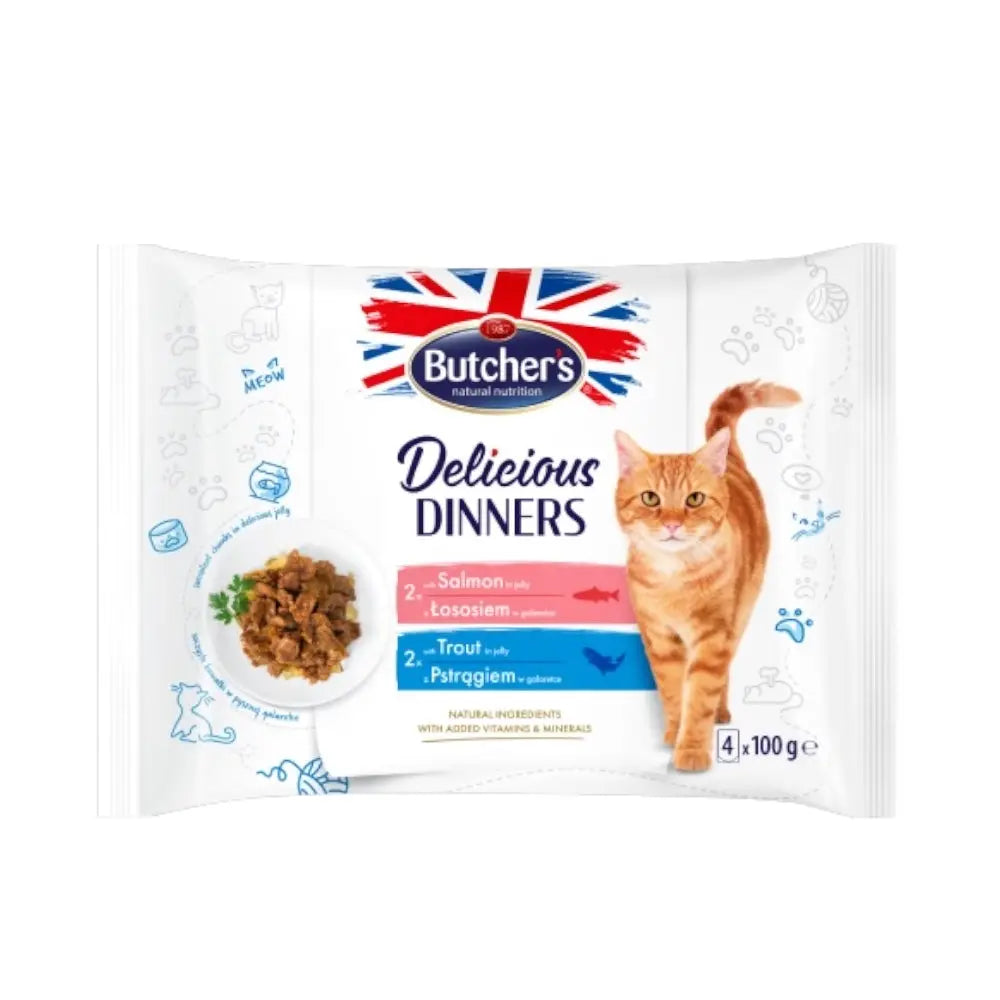 Butcher's Delicious Dinners, food for cats, chunks in jelly with salmon/with trout 4x100g Butcher's