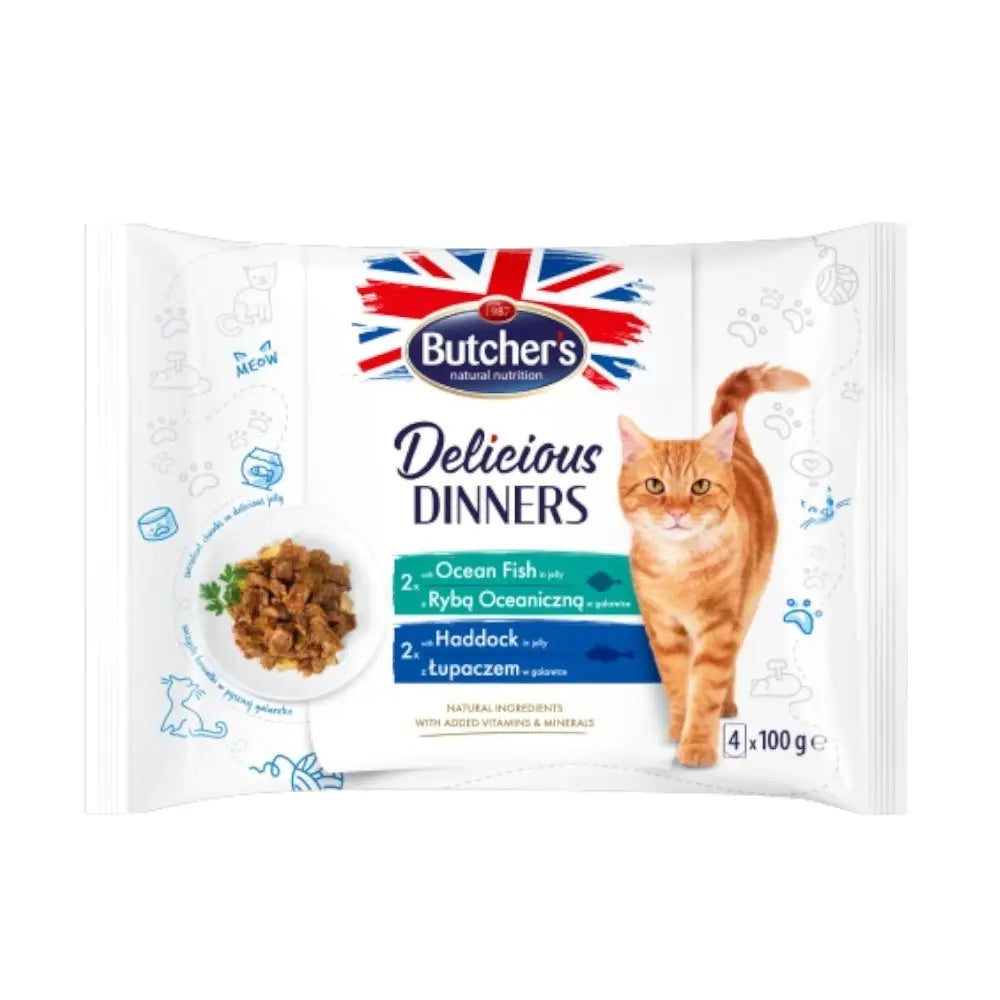 Butcher's Delicious Dinners,food for cats, chunks in jelly with ocean fish/haddock 4x100g Butcher's