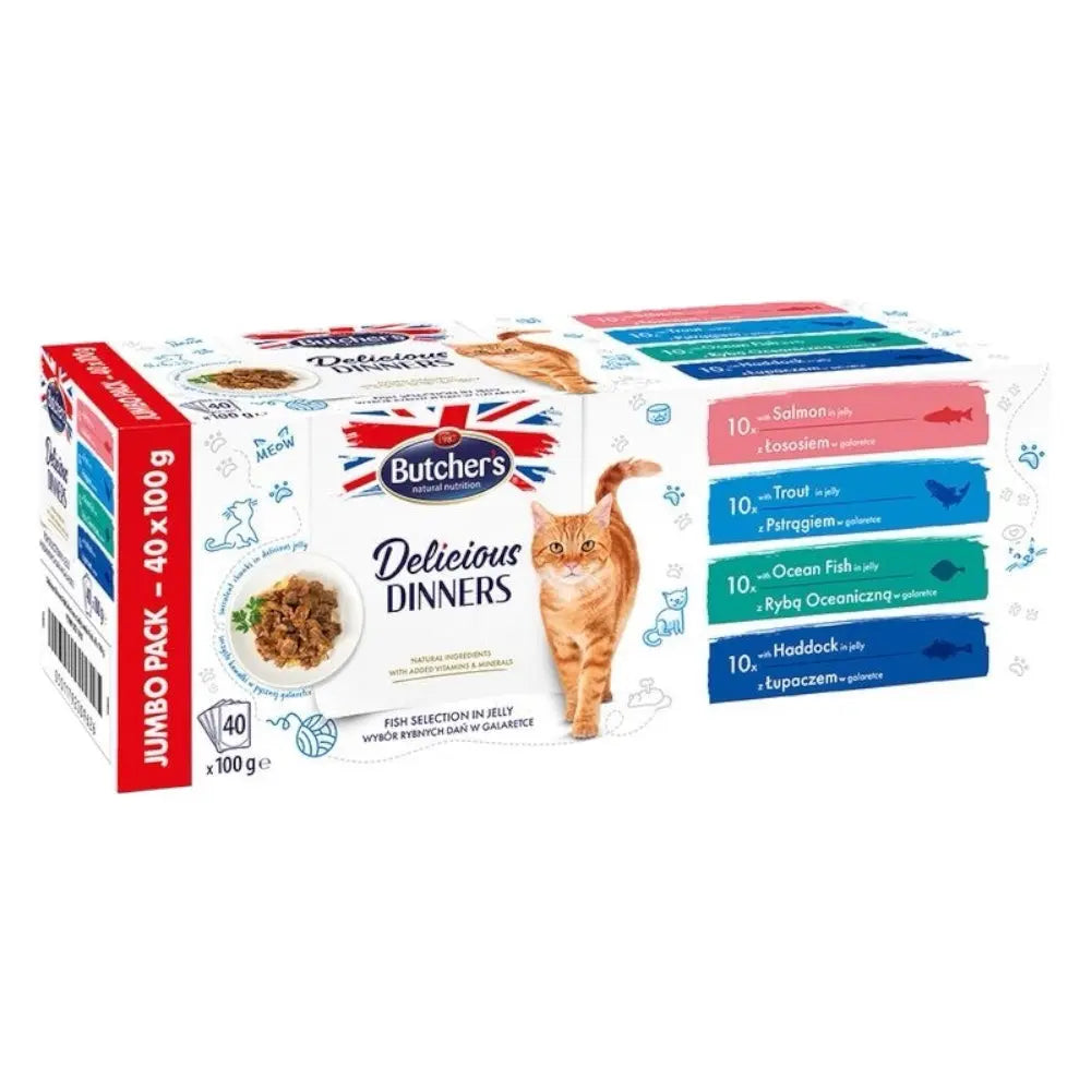 Delicious Dinners Cat, Salmon / Trout / Ocean Fish / Haddock, 40x100g Jumbo pack Butcher's