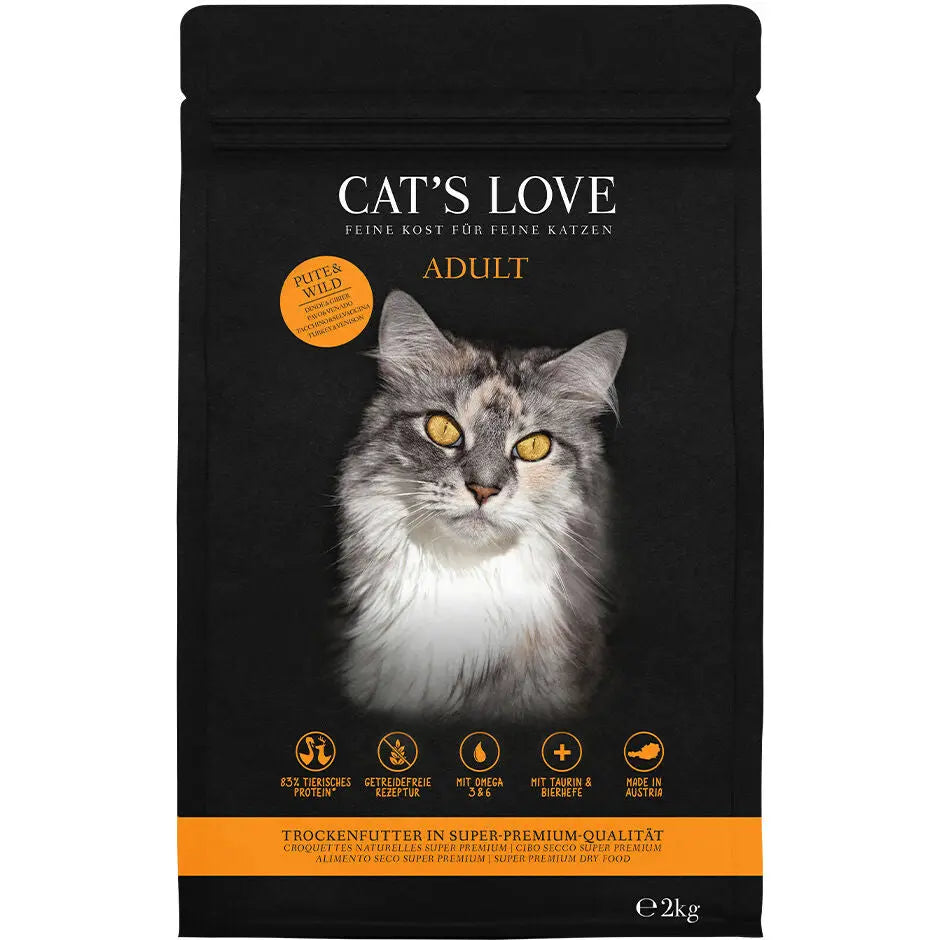 Cat's Love SECCO ADULT Tacchino & Selvaggina, 83 % di proteine animali, senza cereali, alimento naturale per gatti Cat's Love