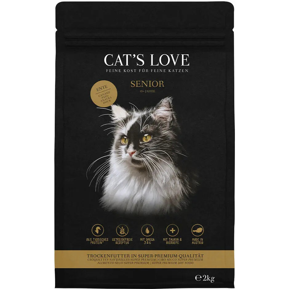 Cat's Love SECCO SENIOR Anatra, 86 % di proteine animali, senza cereali, alimento naturale per gatti Cat's Love