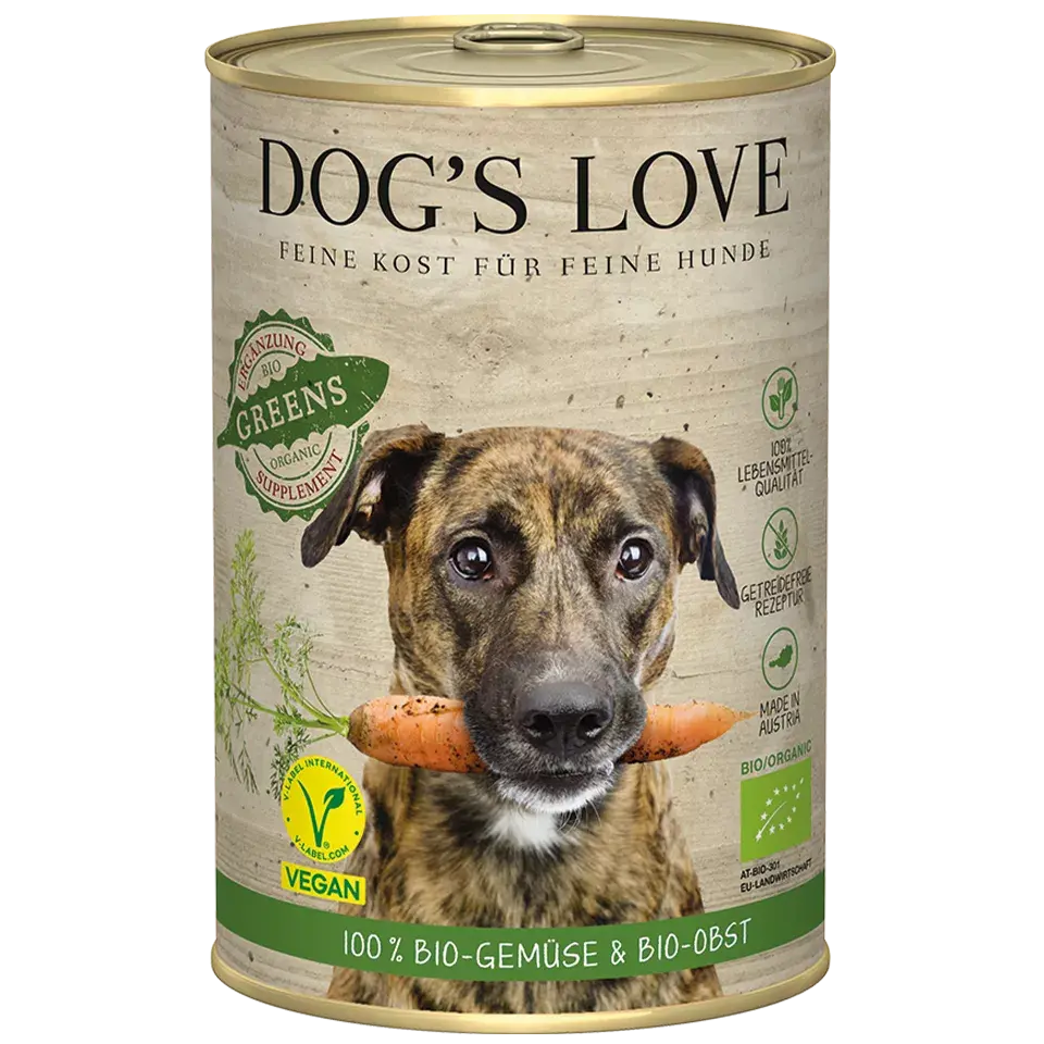 Dog's Love BIO Greens Vegan, con frutta e verdura fresca biologica, alimento naturale per cani Dog's Love