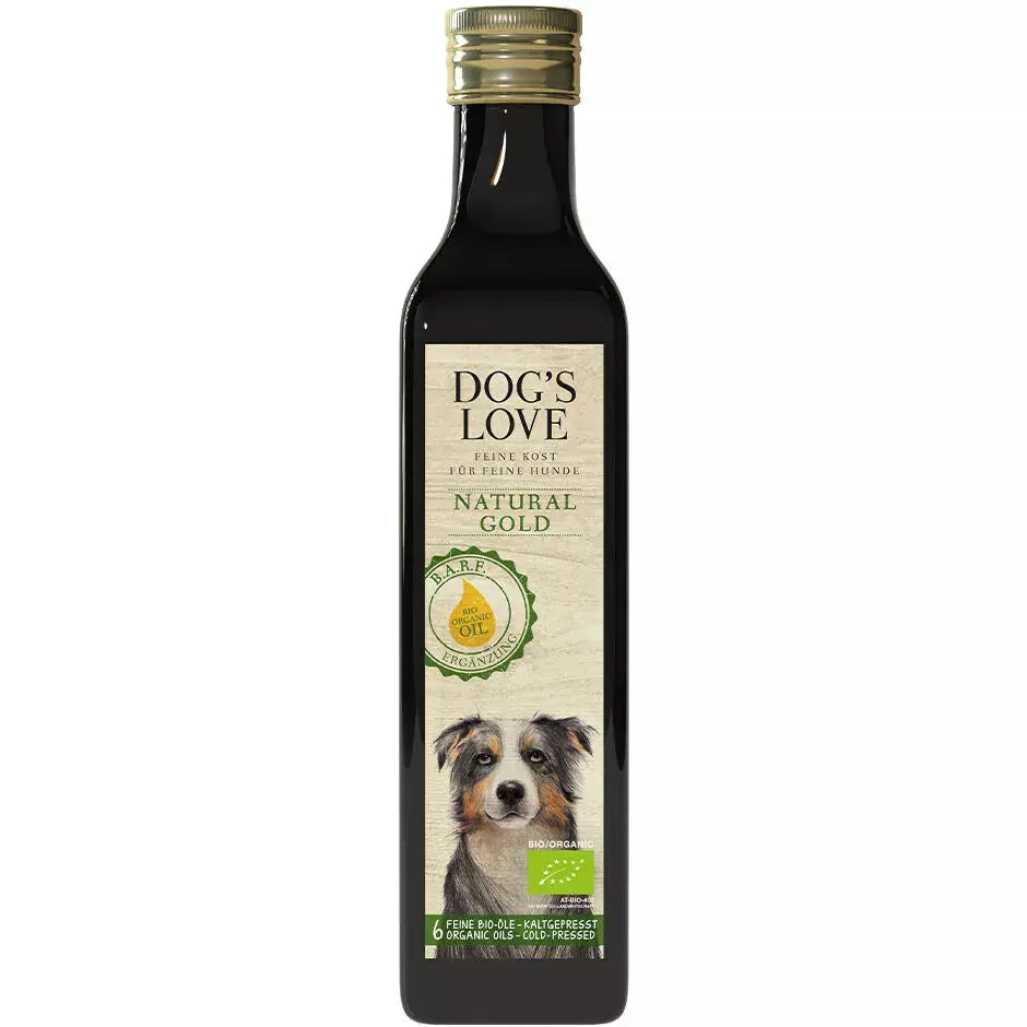 Dog's Love BIO Olio Natural Gold, sei oli bio pregiati spremuti a freddo, alimento naturale per cani Dog's Love