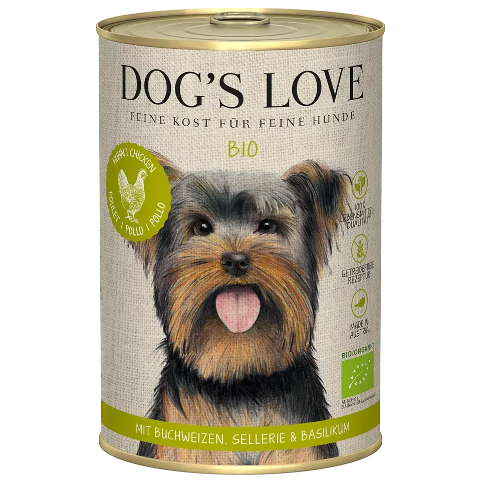 Dog's Love BIO Pollo, con grano saraceno biologico, sedano biologico, alimento naturale per cani Dog's Love