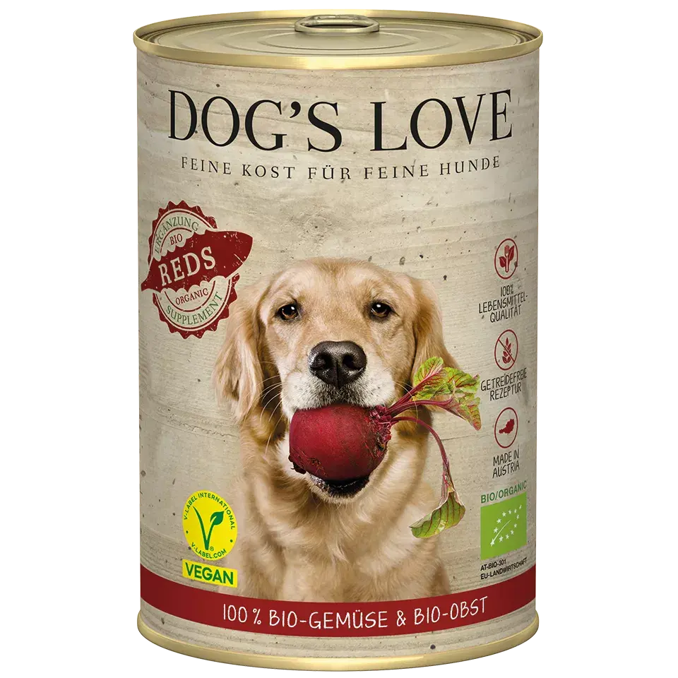 Dog's Love BIO Reds Vegan, con frutta e verdura fresca biologica, alimento naturale per cani Dog's Love