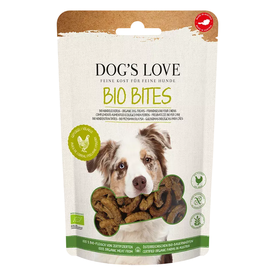 Dog's Love BITES BIO Pollame, 85% di carne biologica, alimento naturale per cani Dog's Love