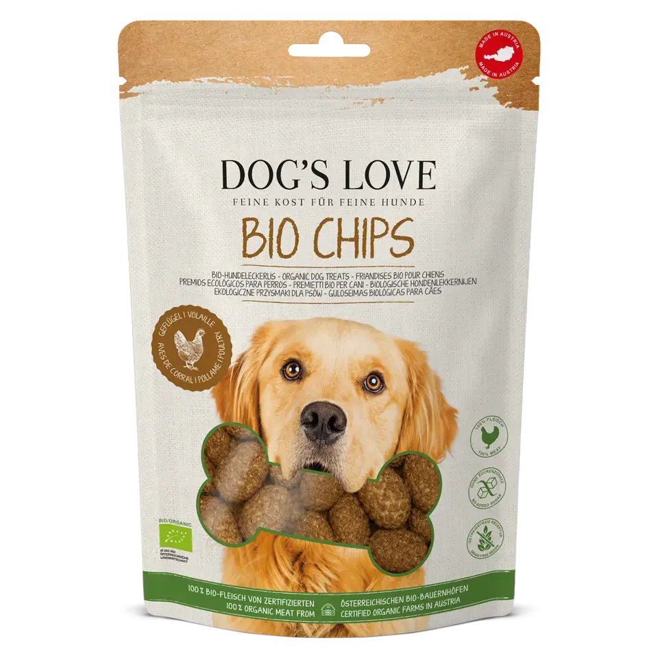 Dog's Love CHIPS BIO Pollame, 99% di carne biologica, alimento naturale per cani Dog's Love