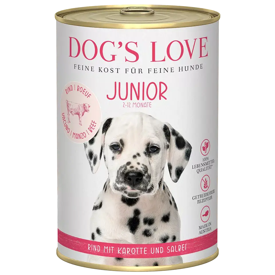 Dog's Love JUNIOR Manzo, con carota e salvia, alimento naturale per cani Dog's Love
