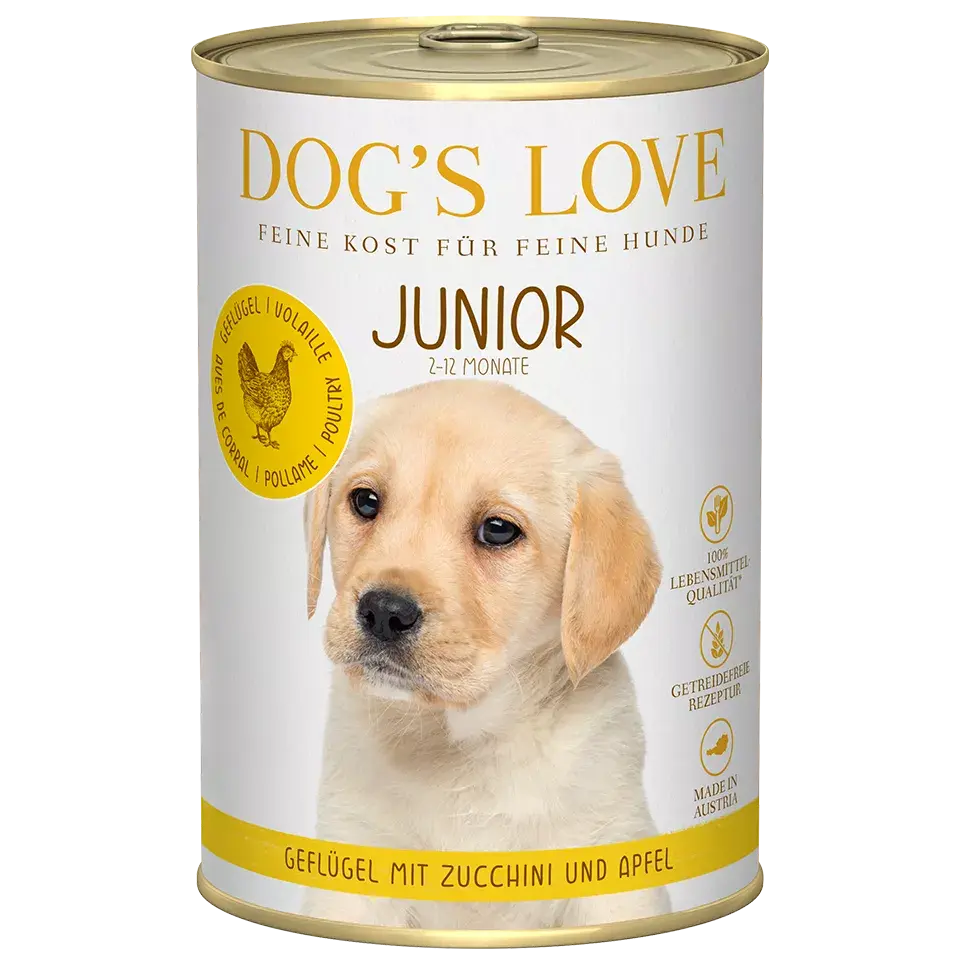 Dog's Love JUNIOR Pollame, con zucchine e mele, alimento naturale per cani Dog's Love