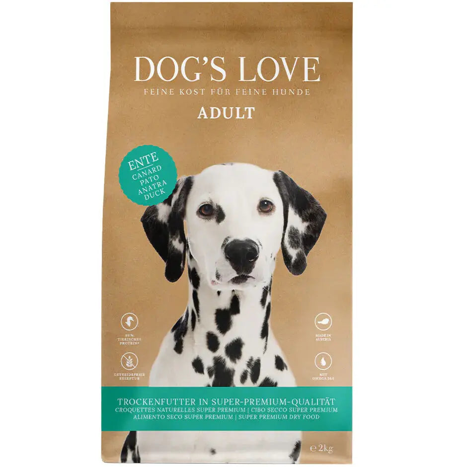 Dog's Love SECCO ADULT Anatra, con patate dolci e mirtilli, alimento naturale per cani Dog's Love