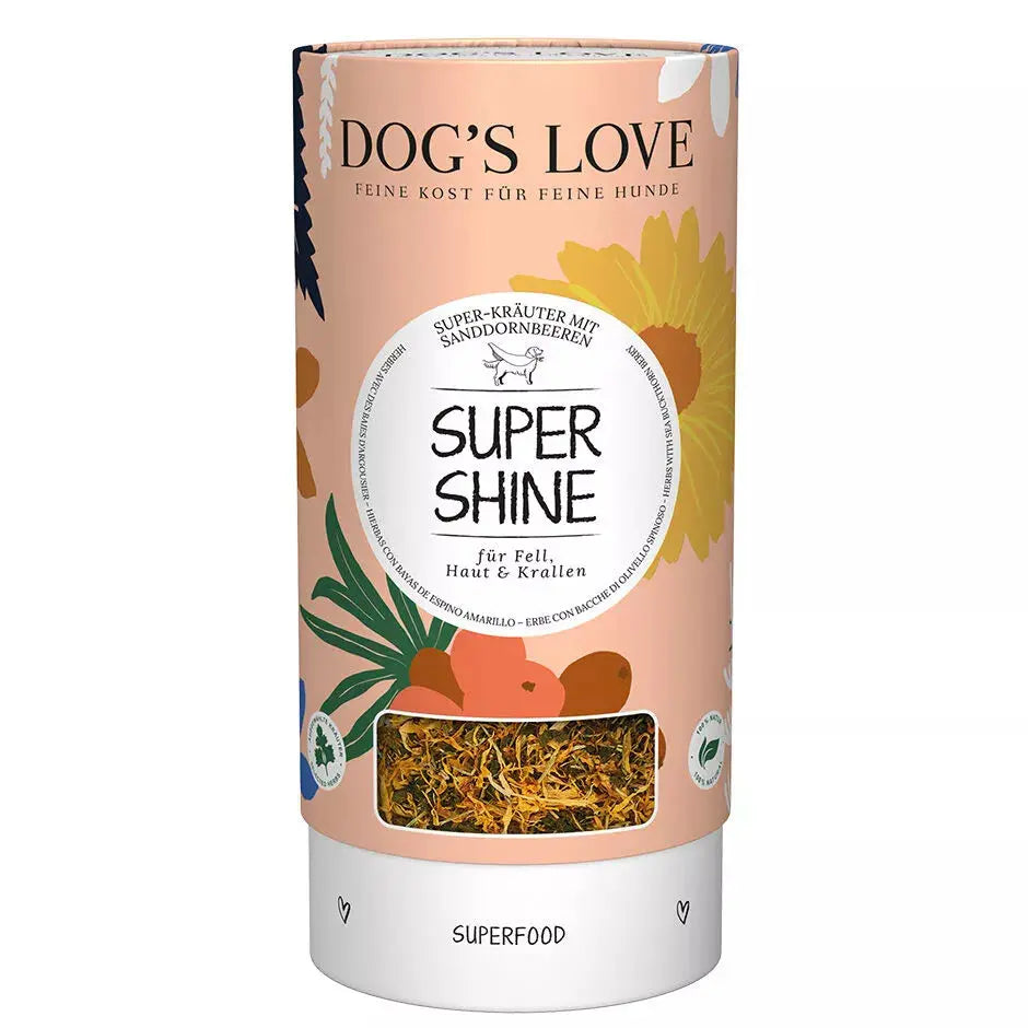 Dog's Love SUPER-SHINE per pelliccia, pelle e artigli, per pelo e artigli fantastici con bacche di olivello spinoso, alimento